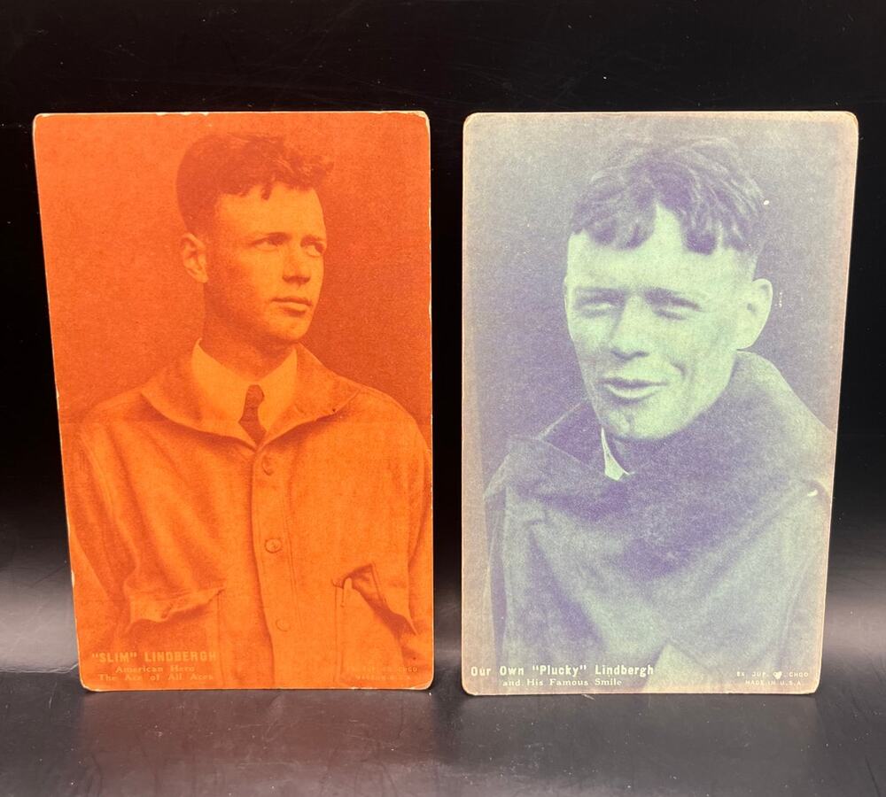 2 Color Tinted 1920s Charles Lindbergh Exhibit Cards Spirit of St Louis Postcard